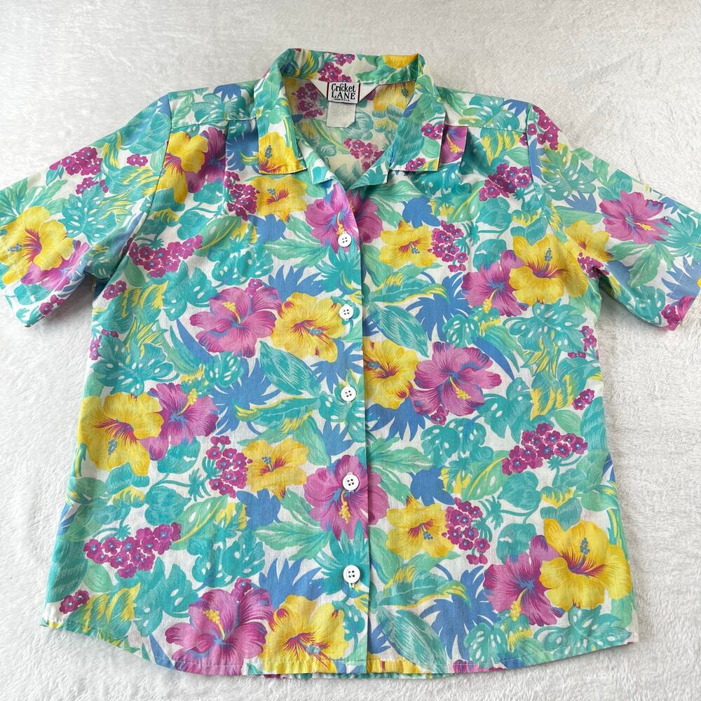 Cricket Lane Vintage Women's Floral Tropical Blouse Shirt size 12 Green Yellow